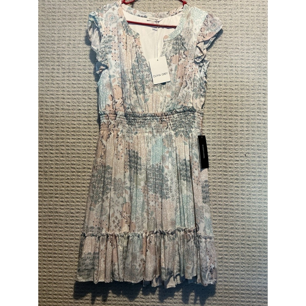 Olivia Grey Summer Dress NEW WITH TAGS L Floral Print Gathers Waist Blues Jade